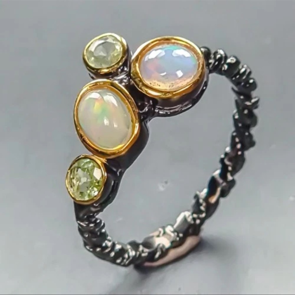 Natural Opal & Peridot Ring 925 Sterling Silver Black Rhodium Plated Size 6.5